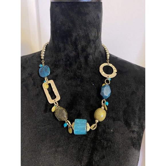 Aqua Jewelry - Chunky Aqua Green Gold 20" - 24" Necklace Beaded Art